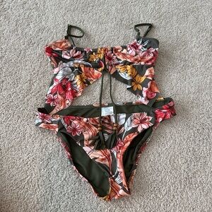 Sanctuary Olive Floral Two pc with Coral & Pink Blooms